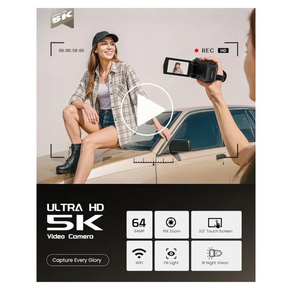 5K‎ Video Camera Camcorder, UHD 64MP Vlogging Camera for YouTube with 3